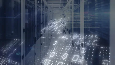 Glowing grid materializing on aisle between racks binary digits rising forming Stock Footage 312098953