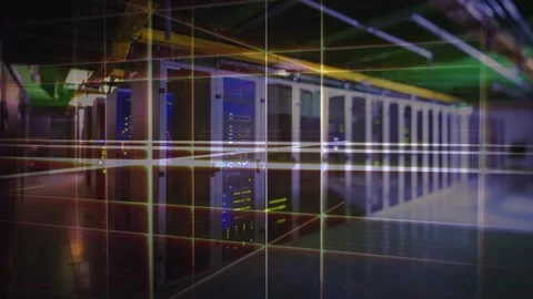Glowing grid network over empty computer server room Stock Footage 327523464