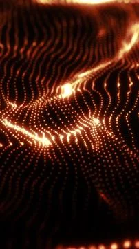 Glowing grid of orange particles forming fluid wave patterns in a dark digita Stock Illustration