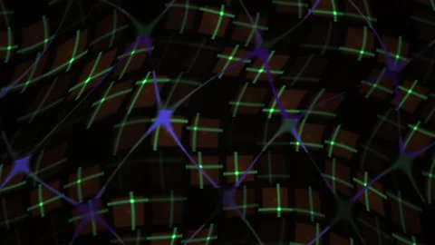 Glowing grid pattern on dark background with colorful lines and shapes. Stock Footage 335958237