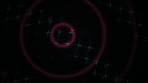 Glowing Grid with Red Circles and Particles on Dark Background for Tech Stock Footage 343704155