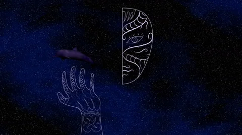 Glowing half face, hand tattoo and dolphin on a space background 3D illustration Stock Footage 67014797