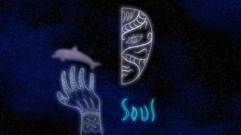 Glowing half face, hand tattoo and dolphin on a space background 3D illustration Stock Illustration