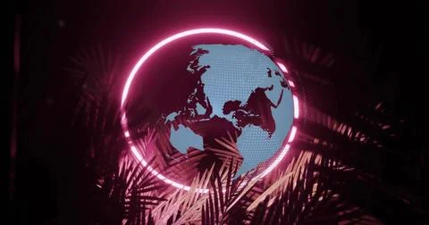 Glowing halftone blue globe rotating in studio set, with magenta neon ring and Stock Photos