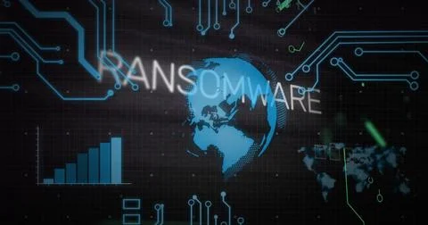 Glowing halftone globe displaying RANSOMWARE on dark dashboard showing cyan Stock Illustration