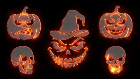 Glowing halloween jack o lantern and human skull heads animation for season.. Stock Footage 339067284