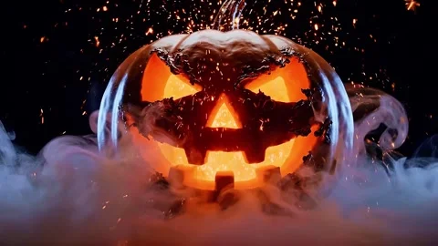 Glowing Halloween Jack O Lantern Pumpkin with Smoke and Sparks Stock Footage 345678910