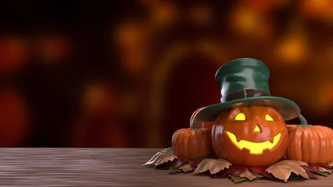 Glowing Halloween Jack O Lantern in Green Top Hat 3d render. Stock Illustration