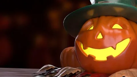 Glowing Halloween Jack O Lantern in Green Top Hat 3d render. Stock Illustration