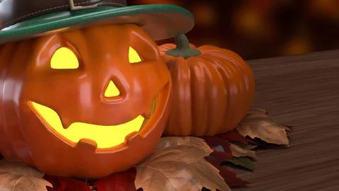 Glowing Halloween Jack O Lantern in Green Top Hat 3d render. Stock Illustration