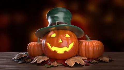 Glowing Halloween Jack O Lantern in Green Top Hat 3d render. Stock Illustration