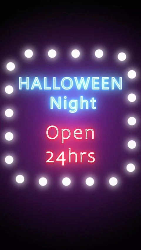 Glowing Halloween Night and Open 24hrs lettering appears inside a frame of white Stock Footage 345504884