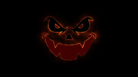Glowing halloween pumpkin face with flickering orange fire lines on black b.. Stock Footage 339074237