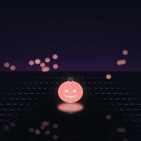 Glowing Halloween Pumpkin Lantern Floating in Dark Water with Bokeh Lights Stock Footage 348197863