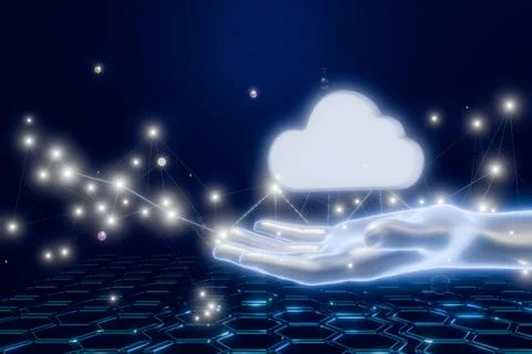 A glowing hand holds a cloud, symbolizing technology and innovation Stock Illustration