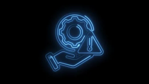 Glowing hand presenting gear with exclamation mark warning sign on dark Stock Footage 330784164