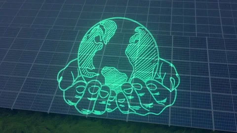Glowing Hands Holding Earth Over Solar Panel Farm Stock Footage 336492089
