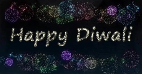Glowing Happy Diwali sparkler script shining over dark night sky, with colorful Ilustração Stock