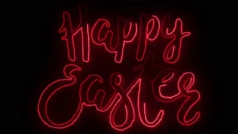 Glowing Happy Easter text. Neon seamless animation Easter eggs. Video stock 175817735