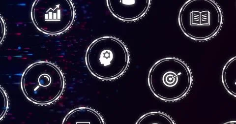 Glowing head-gear icon sitting at center in dashboard, showing dashed-ring UI イラスト素材