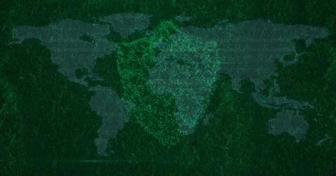 Glowing heart cluster pulsing over faint world map, green visualization with Ilustração Stock