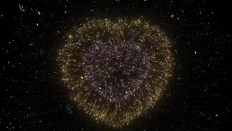 Glowing heart shaped firework bursts with falling colorful confetti on black sky Stock Footage 338387408