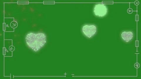 Glowing Heart Shapes in Electrical Circuit Diagram on Green Background Stock Footage 337453737