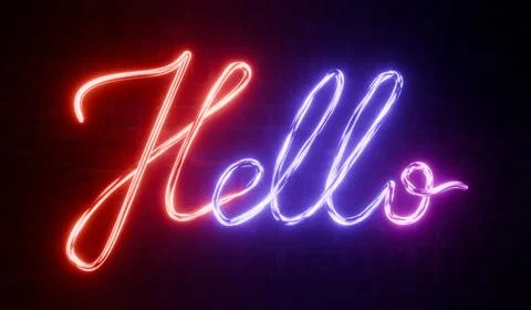 Glowing “Hello” Neon Script on Brick Wall Foto stock