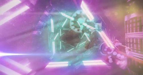Glowing hex frames rotating with neon bars, clear rings, circuitry, panel-grid Stockillustratie
