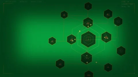 Glowing hex starting network, linking nodes, moving dots, showing system status Stock Footage 334118675