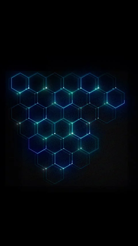 Glowing hexagon node cluster teal and blue connected cells, bright junction dots Stock Footage 340565478