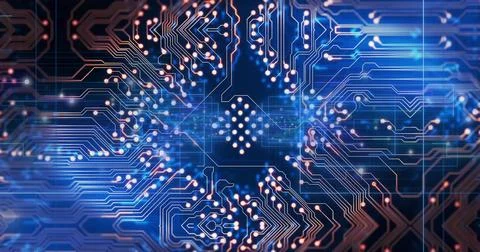 Glowing hexagonal chip motif radiating copper traces on deep blue board, show Stock Illustration