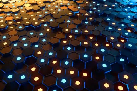Glowing hexagonal cubes background, hi-tech cyberspace, 3d rendering. Stock Illustration