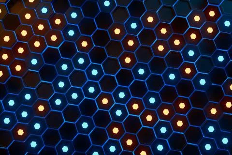 Glowing hexagonal cubes background, hi-tech cyberspace, 3d rendering. Stock Illustration