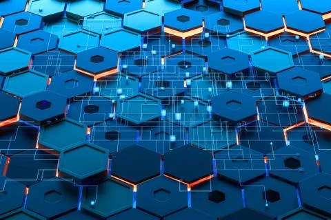 Glowing hexagonal cubes background, hi-tech cyberspace, 3d rendering. Stock Illustration