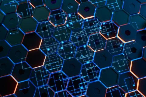 Glowing hexagonal cubes background, hi-tech cyberspace, 3d rendering. Illustrazione stock