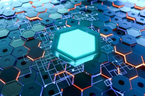 Glowing hexagonal cubes background, hi-tech cyberspace, 3d rendering. Stock Illustration
