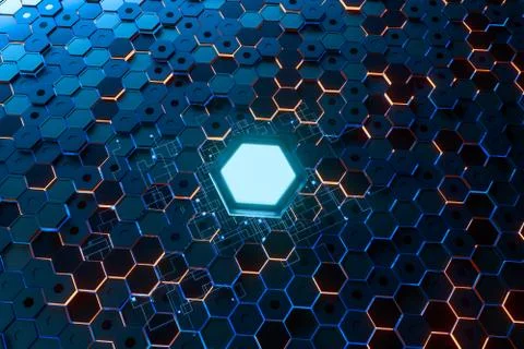 Glowing hexagonal cubes background, hi-tech cyberspace, 3d rendering. Stock Illustration
