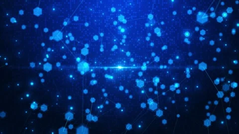 Glowing hexagonal data network visual with blue particles, connected nodes, futu Stock Footage 340575692