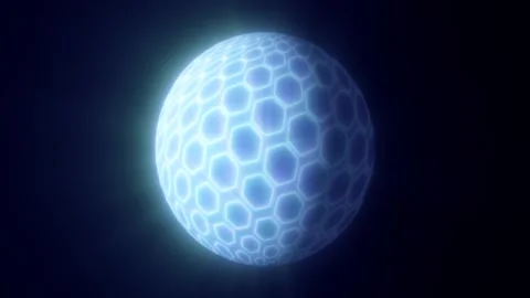 Glowing hexagonal energy sphere floating in dark space, emitting soft blue .. Stock Footage 325808909