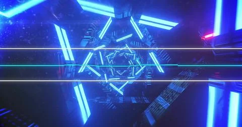 Glowing hexagonal frames converging toward vanishing point in sci-fi tunnel, Illustrazione stock