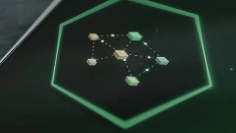 Glowing hexagonal network diagram links a central processor node Stockbeeldmateriaal 342487399