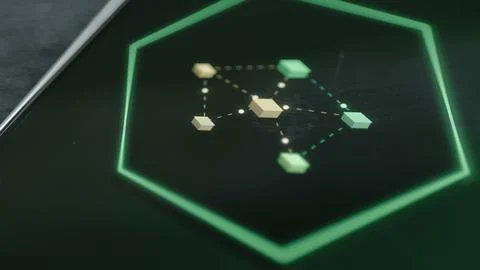 Glowing hexagonal network diagram links a central processor node Stock Photos