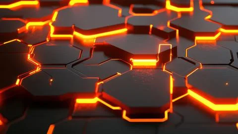 Glowing Hexagonal Surface  Futuristic Digital Pattern with Orange Light 스톡 일러스트
