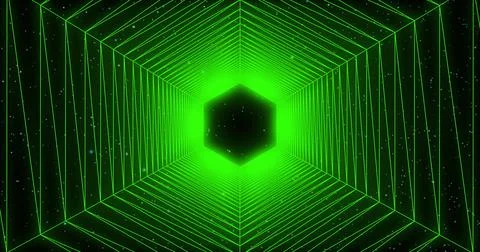 Glowing hexagonal tunnel in dark space with stars. Bright neon light. Backdrop Stock Illustration