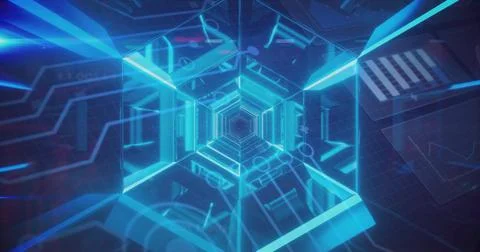 Glowing hexagonal tunnel moving toward vanishing point in virtual corridor, with Stock Photos