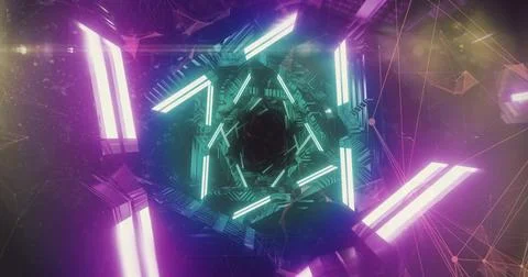 Glowing hexagonal tunnel vortex pulling toward dark void in sci-fi corridor, Stock Photos