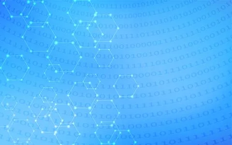 Glowing hexagons and binary code abstracts, blue gradient background Stock Illustration