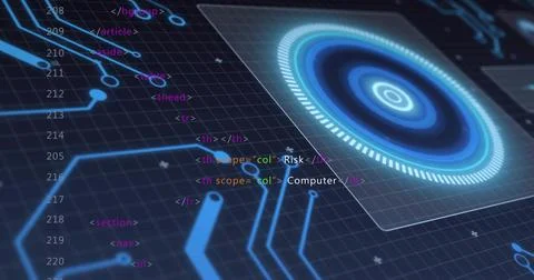Glowing hi-tech circular UI element sitting on dashboard panel, showing neon 스톡 일러스트