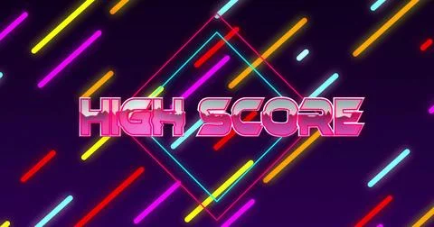 Glowing HIGH SCORE text floating on synthwave poster, with neon diamond outline Stock Illustration